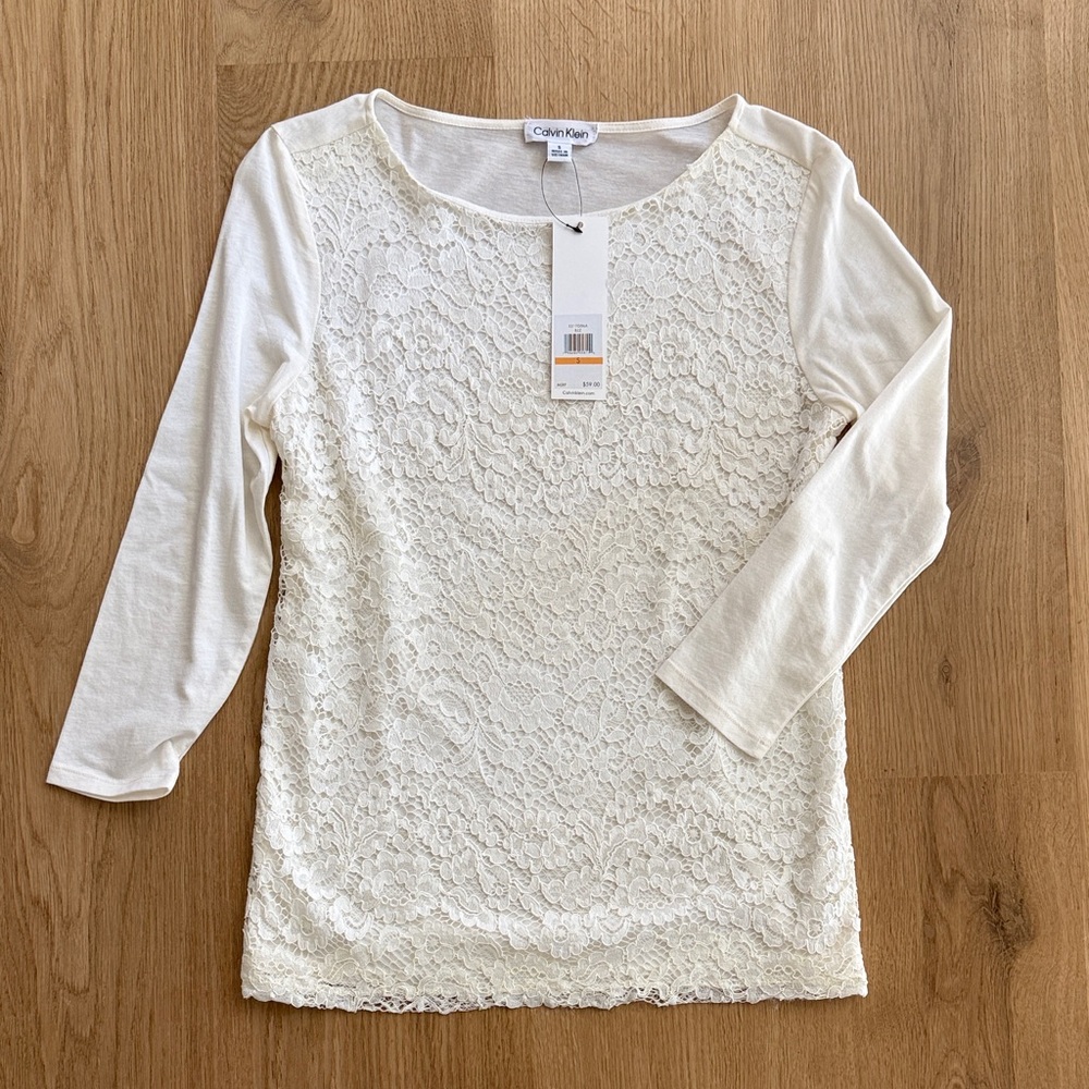 Calvin Klein Women's Cream Lace Long Sleeve Top